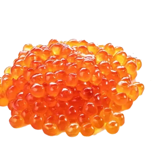 Salmon Caviar (Roe) displayed in a glass jar with a wooden spoon.