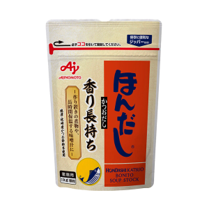 Soup Stock Hondashi packaging with authentic Japanese branding. Prepared miso soup using Soup Stock Hondashi as a base. Soup Stock Hondashi sprinkled over vegetables for enhanced umami flavor.