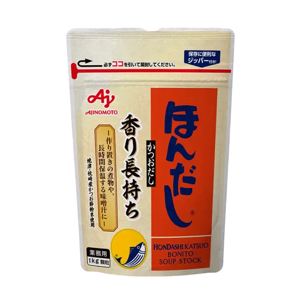 Soup Stock Hondashi packaging with authentic Japanese branding. Prepared miso soup using Soup Stock Hondashi as a base. Soup Stock Hondashi sprinkled over vegetables for enhanced umami flavor.