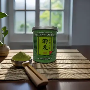 Green Tea Powder Maccha Hagoromo tin with green label and Japanese text