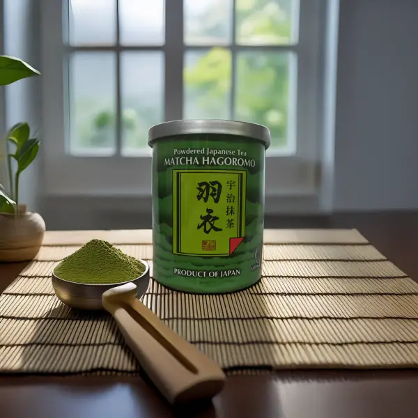 Green Tea Powder Maccha Hagoromo tin with green label and Japanese text