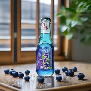 Chilled Hata Ramune Blueberry Japanese soda bottle with bright blue packaging and marble cap