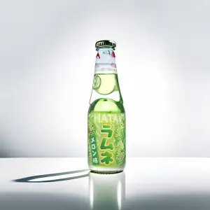 Hata Ramune Melon soda bottle with green label and traditional marble cap