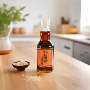 Bottle of pure Japanese sesame seed oil with orange label