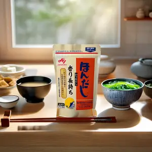 Soup Stock Hondashi packaging with authentic Japanese branding. Prepared miso soup using Soup Stock Hondashi as a base. Soup Stock Hondashi sprinkled over vegetables for enhanced umami flavor.