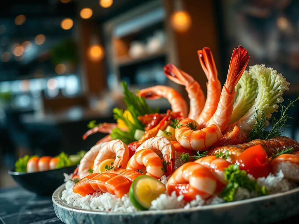 Premium seafood platter - fresh salmon, shrimp, and crab at FoodzWay | مأكولات بحرية فاخرة - سلمون طازج، روبيان، وسلطعون من فودزواي